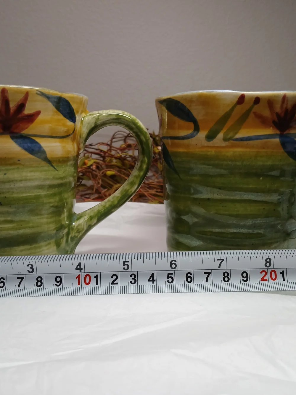 2 Pier 1 Hand-Painted Ceramic Mugs in Yellow, Green and Blue Elizabeth Style